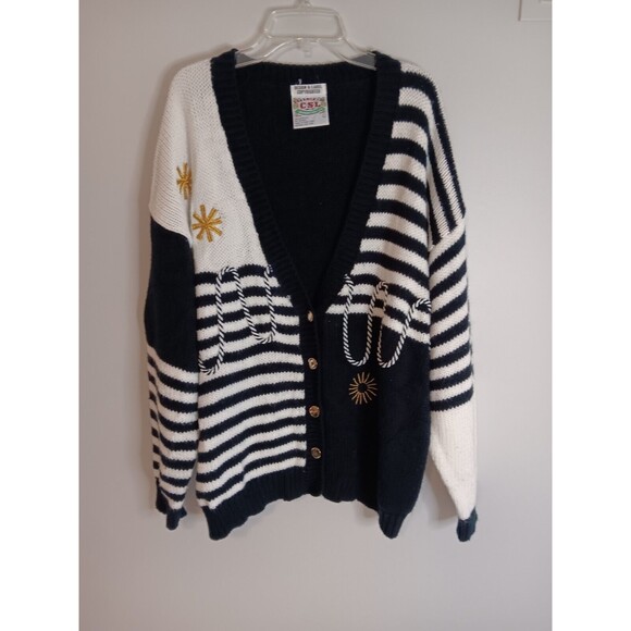 Vintage C.S.L. Cardigan Sweater Women's Sz Large Stripe Nautical Black / White - Picture 1 of 5
